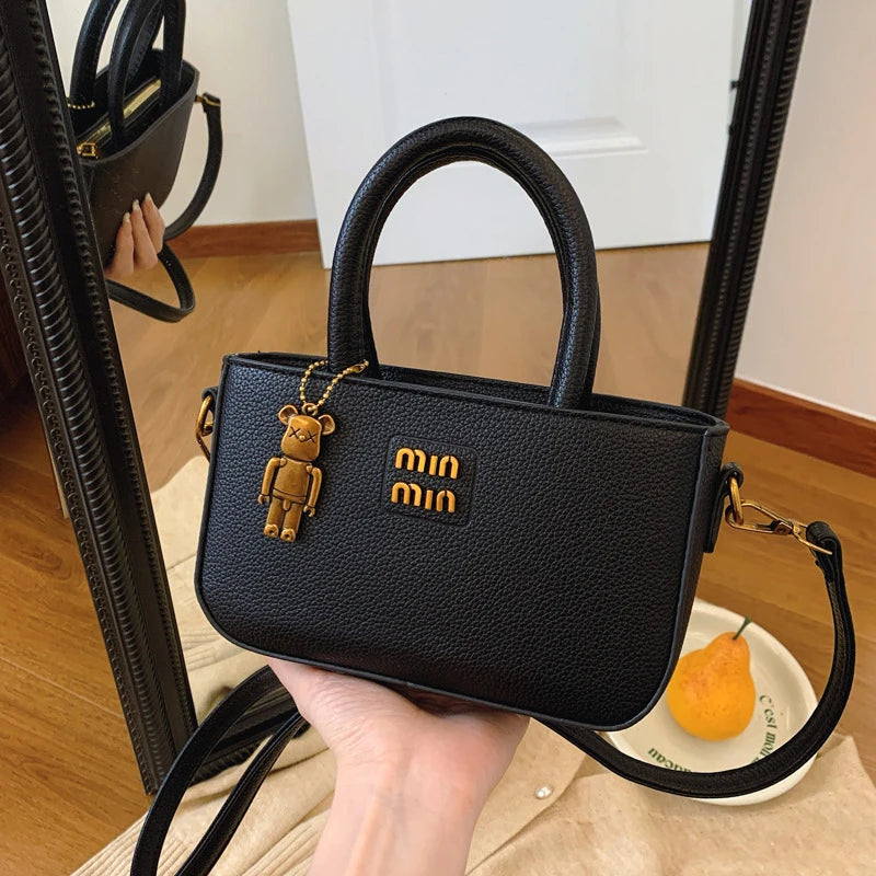 Aura Chic Brown PU Leather Crossbody Bag | Aesthetic Top Handle Handbag with Bear Charm