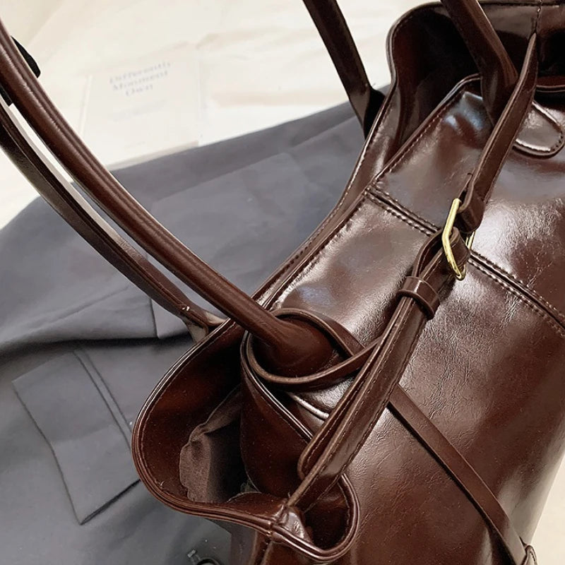 Vintage Dark Red Leather Tote Bag with Buckle Detail & Long Shoulder Straps