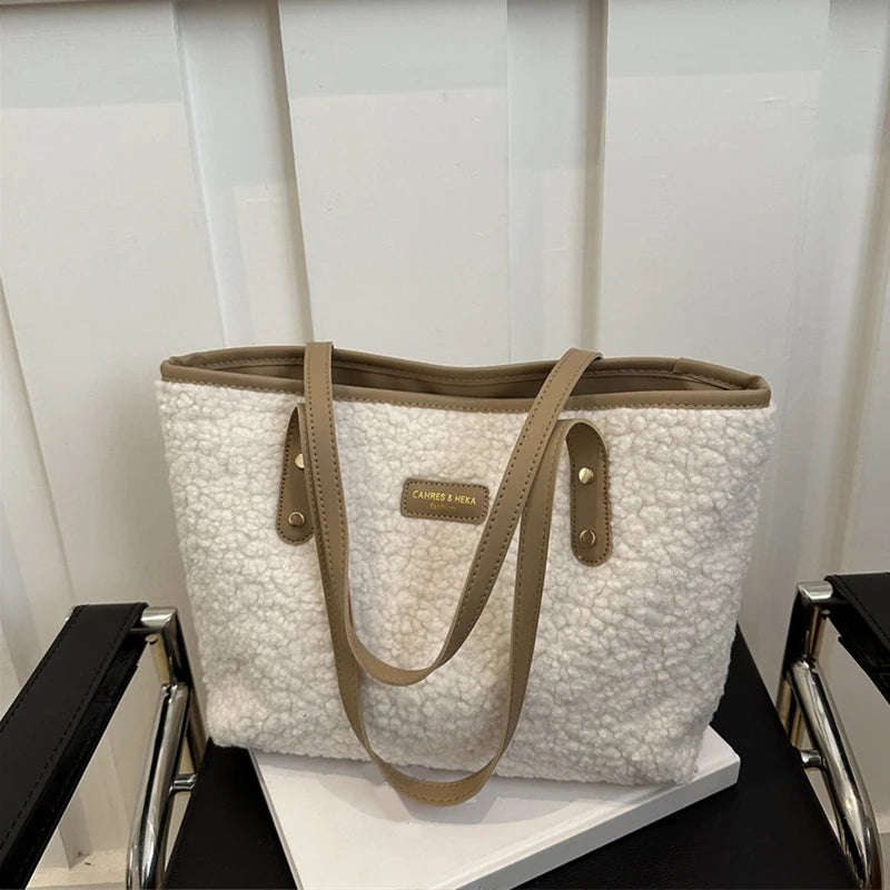 Cozy Brown Fuffly Sherpa Tote Bag with Leather Trim