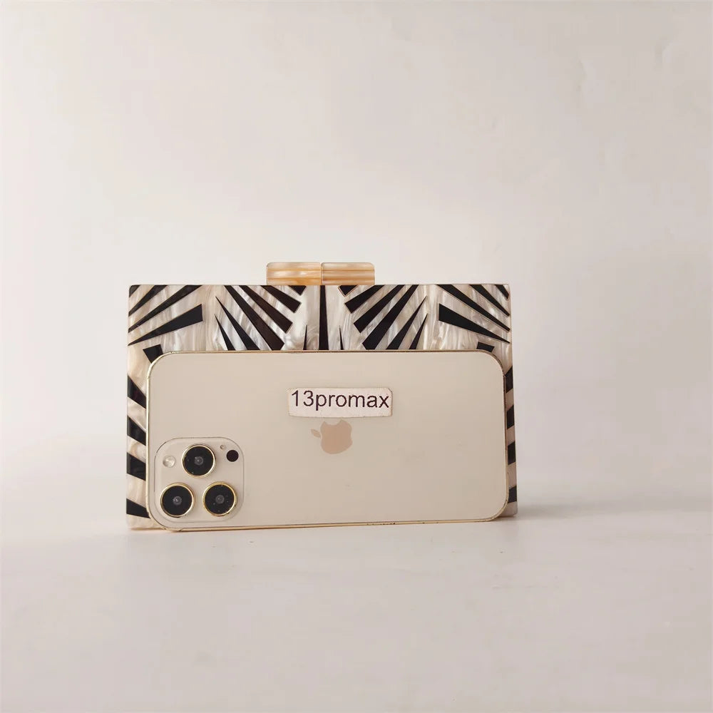 Elegant Marble Pattern Acrylic Box Clutch | Party Wear Handbag with Statement Beads Chain