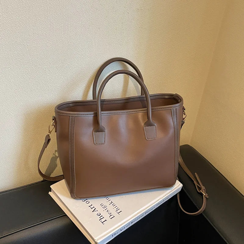 Two-Tone PU Leather Tote Bag with Adjustable Strap & Top Handles