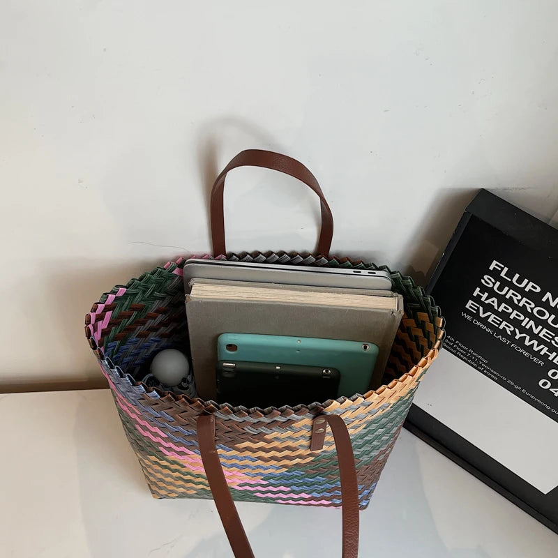 Boho Multi-Color Woven Tote Bag with Faux Leather Straps - Casual Aesthetic Large Handbag