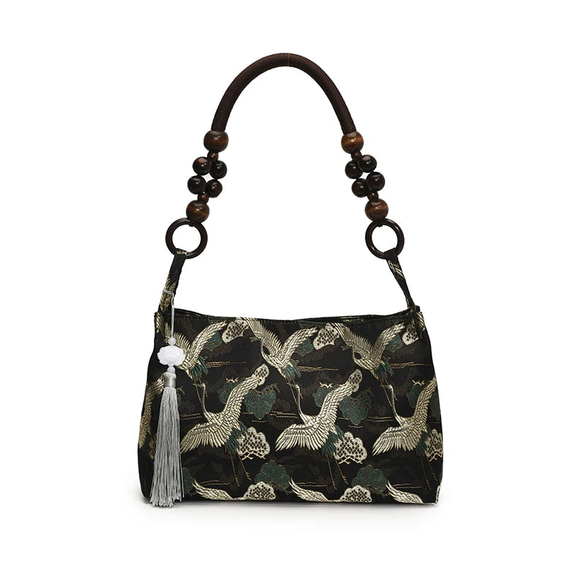 Vintage Embroidered Crane Ethnic Shoulder & Top Handle Bag with Wooden Beads
