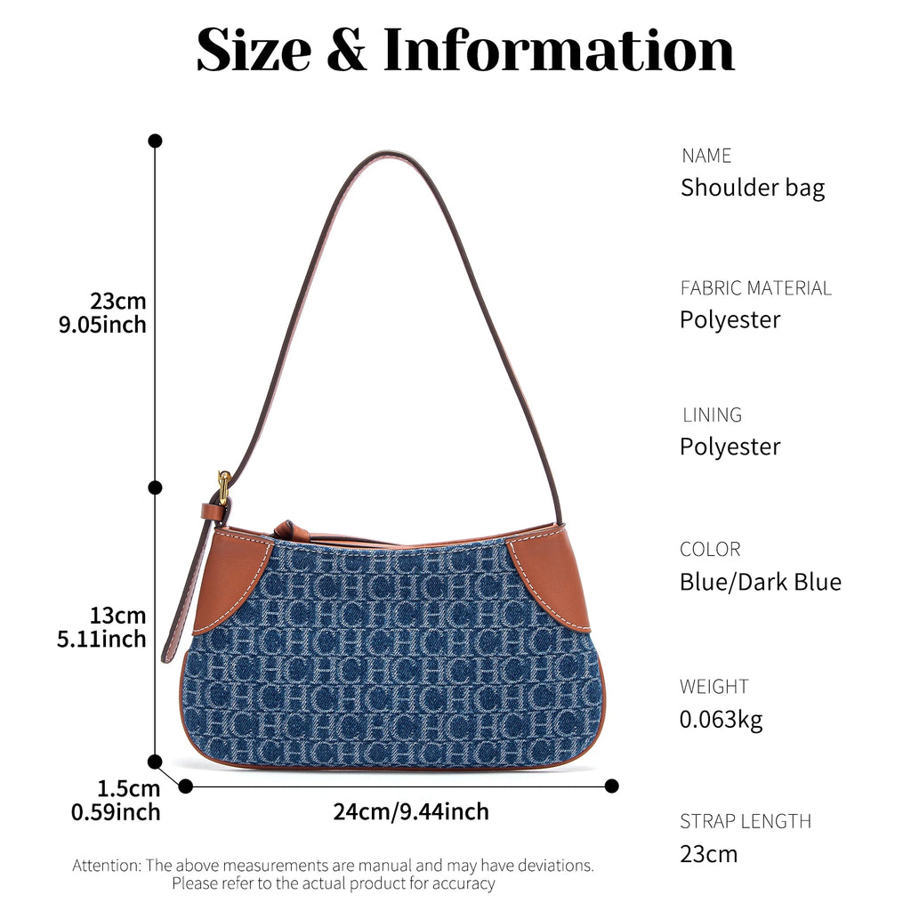 Premium Monogram Denim Shoulder Bag – Vintage Leather Trim Underarm Purse
