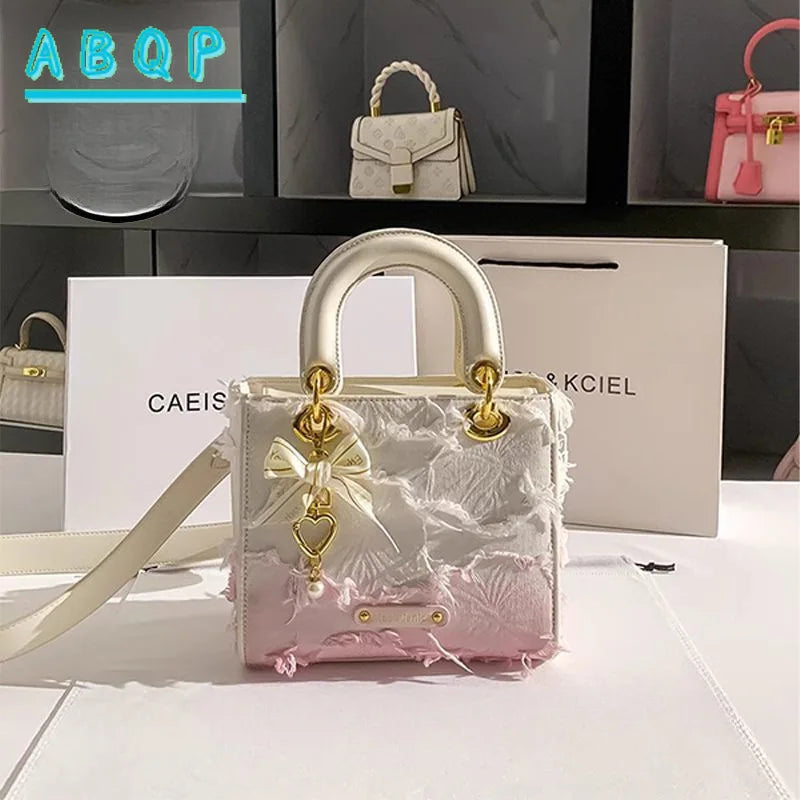 Trendy White & Pink Gradient Mini Handbag with Crossbody Strap and Pearl Bow Details