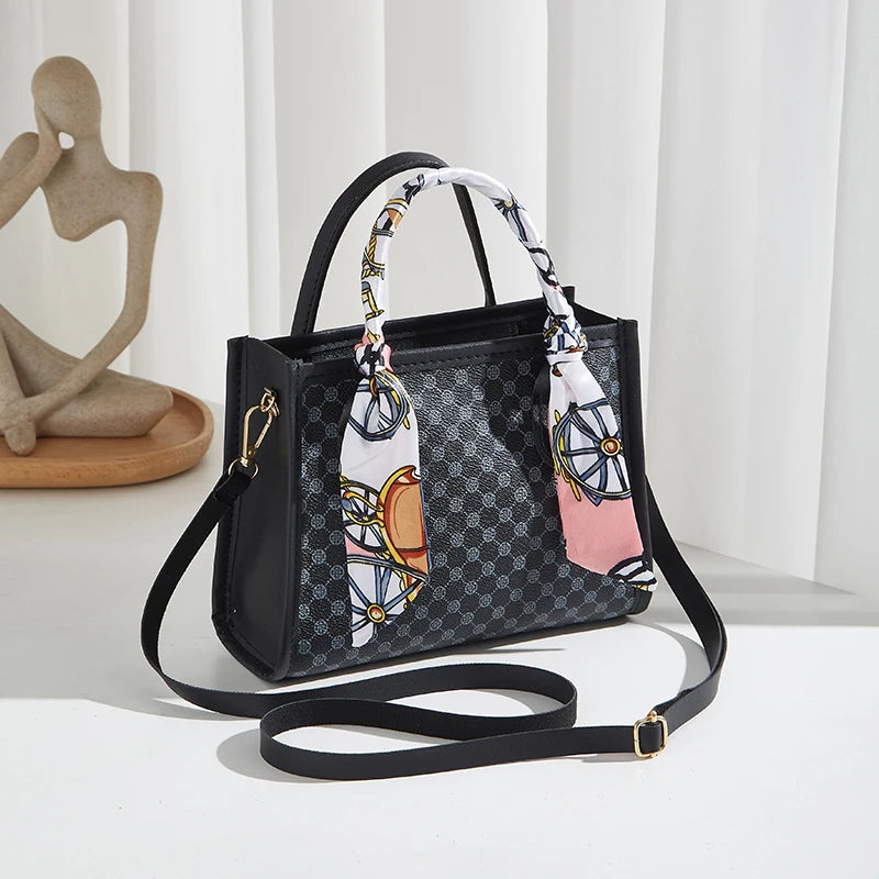 Classic Geometric Print Satchel Handbag with Crossbody Strap and Twilly Scarf