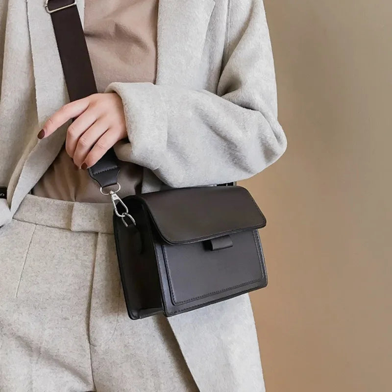 Minimalist Brown Crossbody Bag for Women | Wide Strap PU Leather Shoulder Bag & Messenger Purse