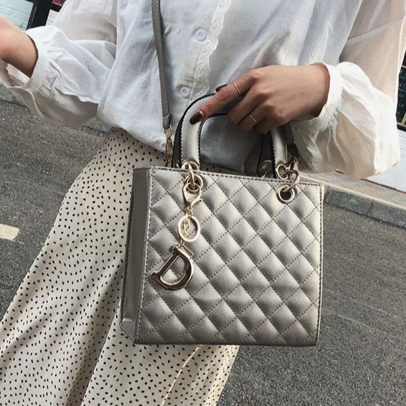Chic Quilted Pattern Top Handle Handbag for Women | Elegant PU Leather Crossbody & Shoulder Bag with Charm