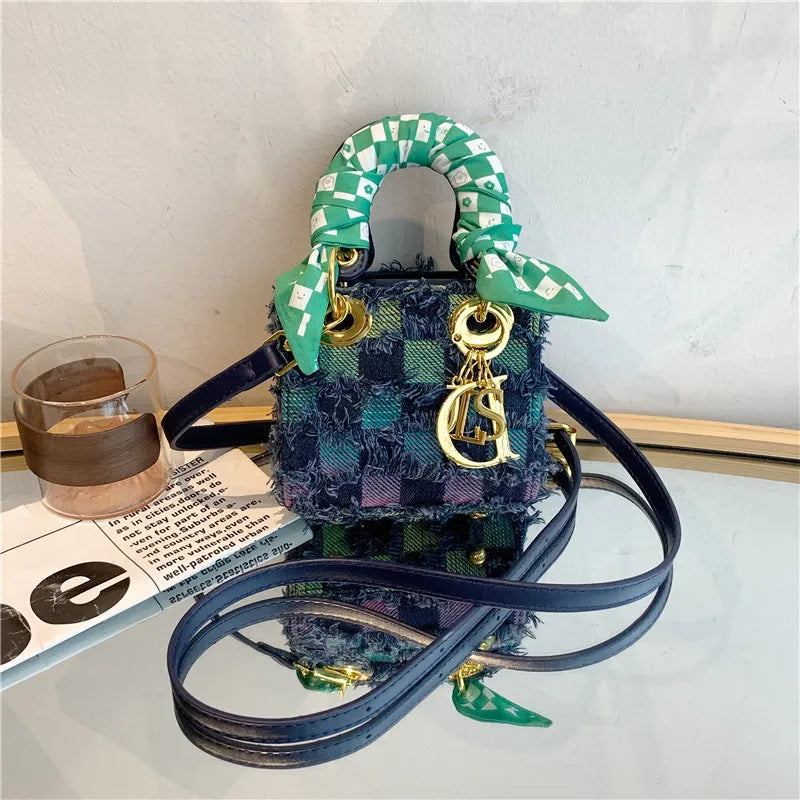 Chic Tweed Mini Crossbody Bag with Scarf Handle & Gold Charm - Stylish Women's Small Handbag