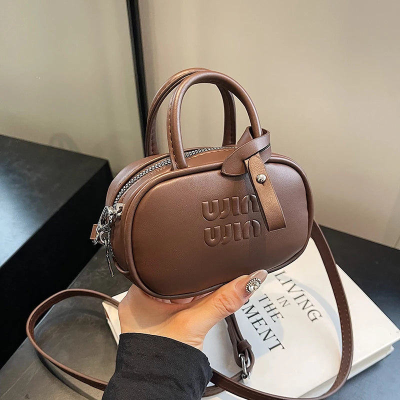 Cute Letter-Embossed Mini Oval Crossbody Bag for Women | Trendy PU Leather Top Handle Shoulder Purse
