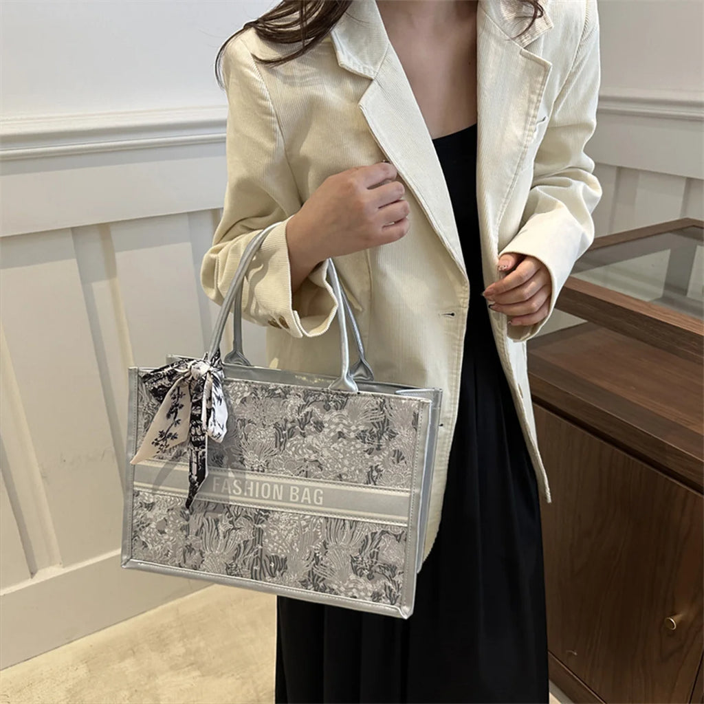 Luxury Designer-Style Large Capacity Tote Bag with Silk Ribbon Accent