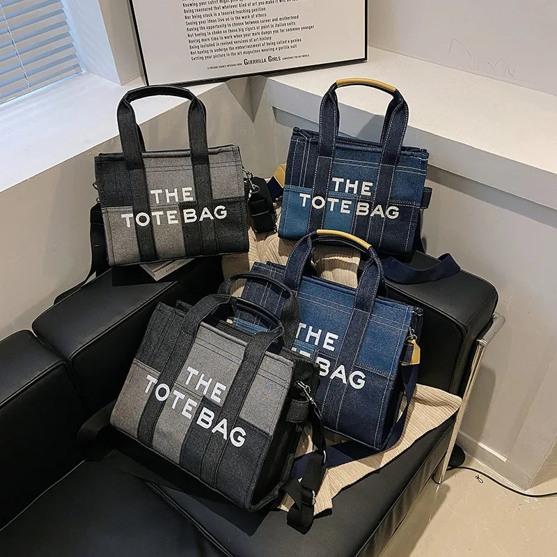 Casual Denim Patchwork "The Tote Bag" with Top Handles & Crossbody Strap