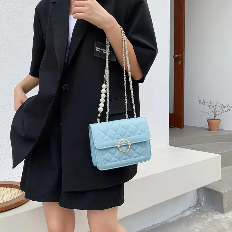 Elegant Quilted Leather Shoulder Bag with Pearl Accent & Chain Strap - Chic Party Crossbody Handbag