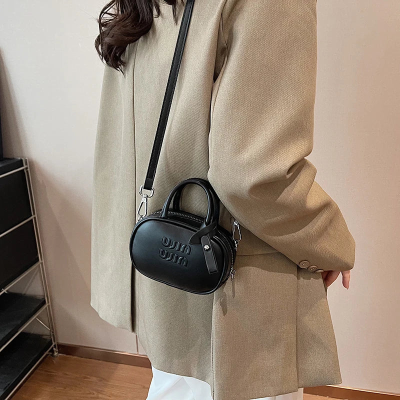 Cute Letter-Embossed Mini Oval Crossbody Bag for Women | Trendy PU Leather Top Handle Shoulder Purse
