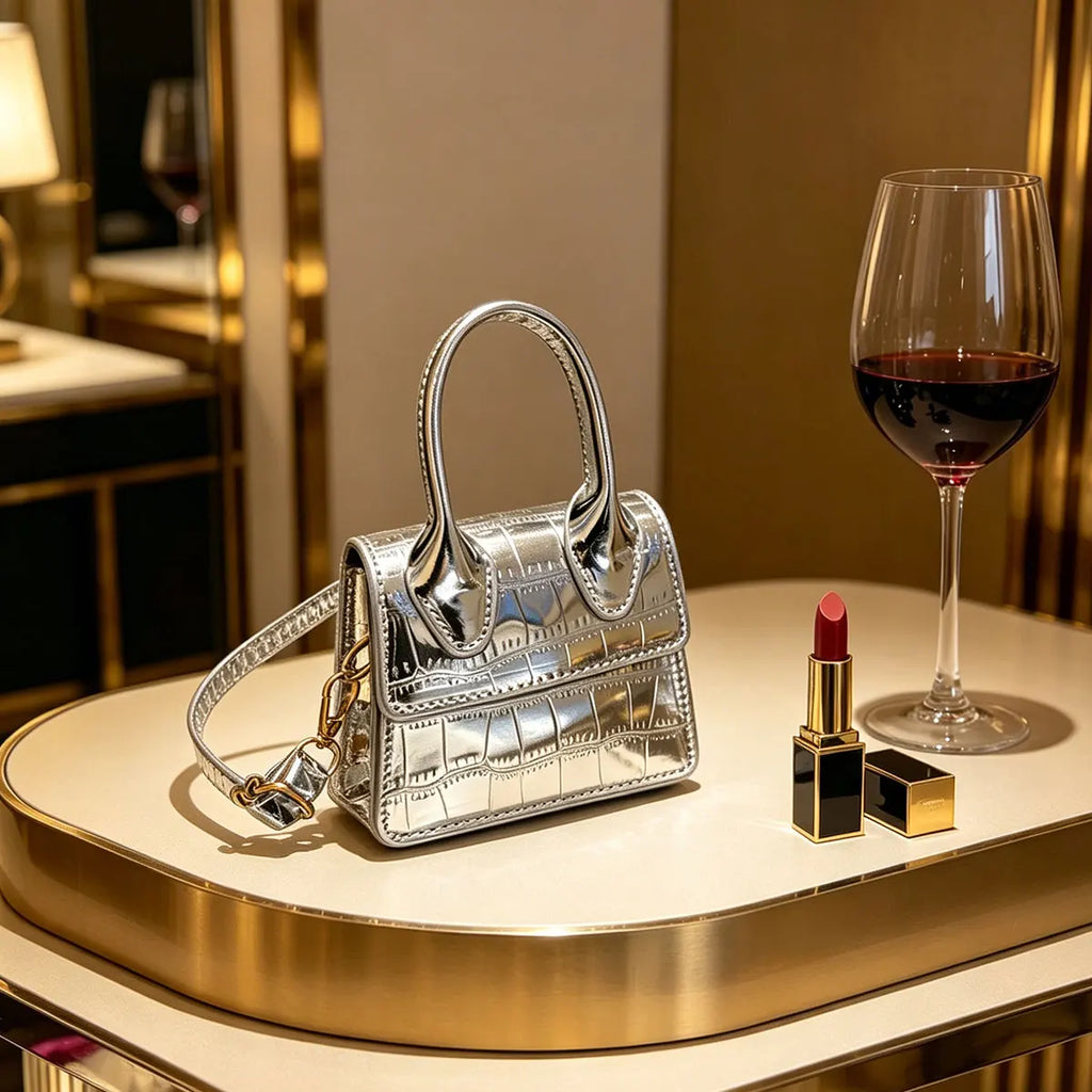 Aura Bags Futuristic Metallic Silver Crocodile Pattern Mini Crossbody Bag