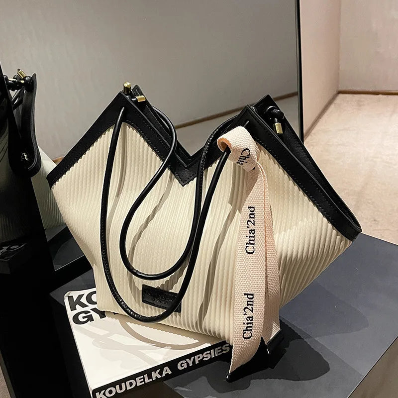 Chic V-Cut PU Leather Tote Bag with Ribbon Accent