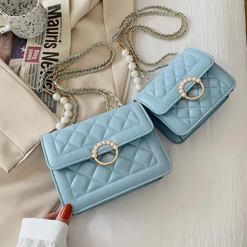 Elegant Quilted Leather Shoulder Bag with Pearl Accent & Chain Strap - Chic Party Crossbody Handbag