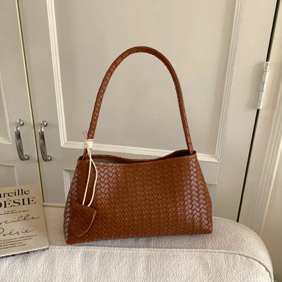 Woven Leather Hobo Shoulder Bag with Knot Accent