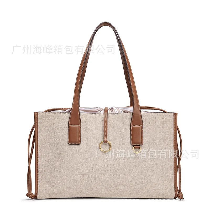 Chic Canvas Tote Bag with Brown PU Leather Trim & Drawstring Closure