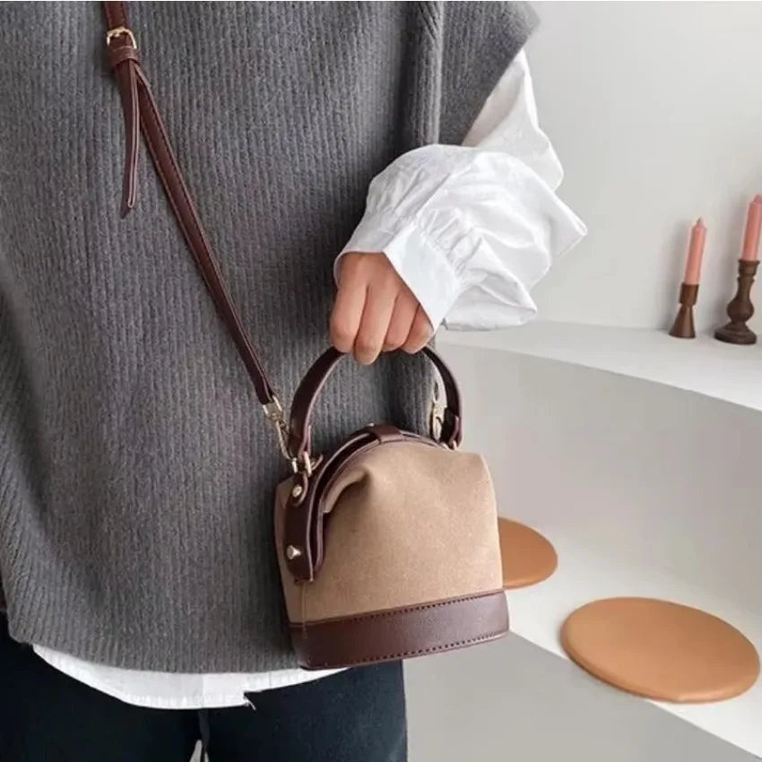 Vintage Two-Tone Suede Bucket Bag - Structured Top Handle Crossbody Handbag with Dark Brown Trim