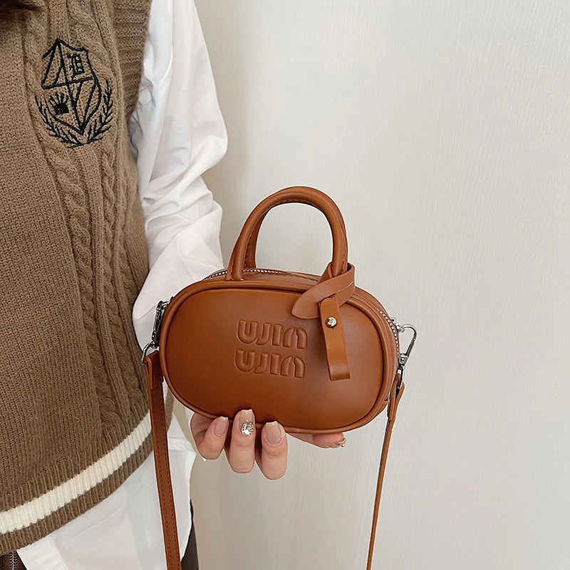 Cute Letter-Embossed Mini Oval Crossbody Bag for Women | Trendy PU Leather Top Handle Shoulder Purse