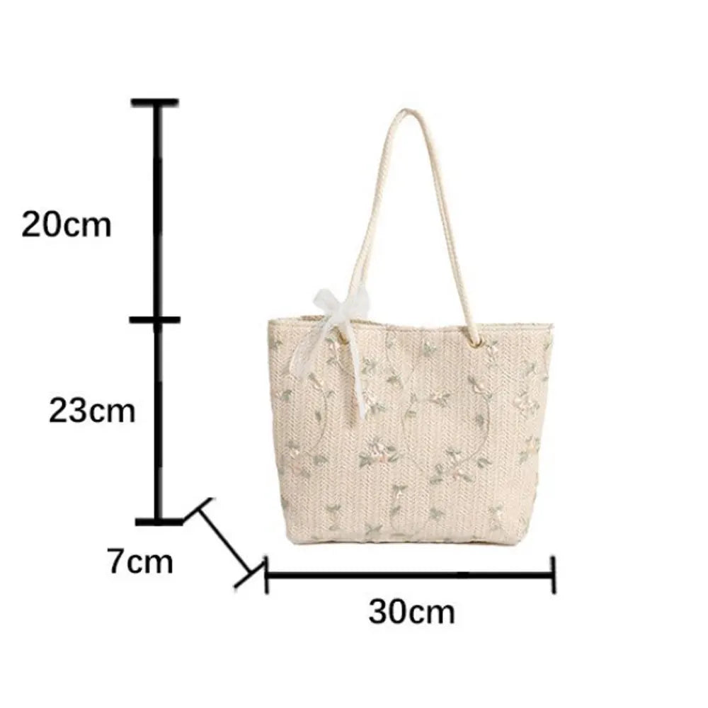 Aesthetic Floral Embroidered Tote Bag with Lace Bow & Rope Handles