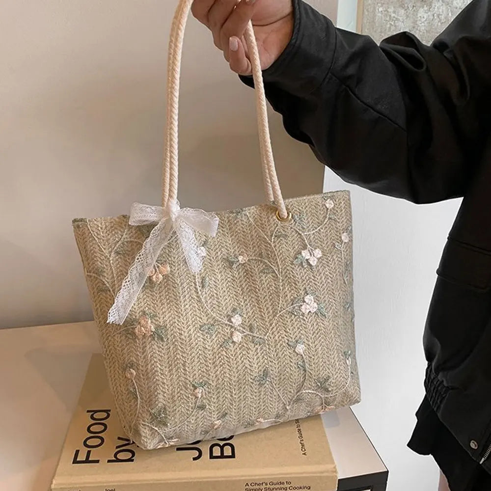 Aesthetic Floral Embroidered Tote Bag with Lace Bow & Rope Handles