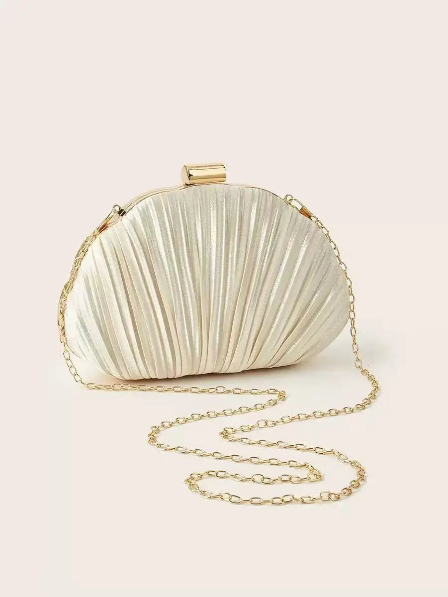 Luxury Metallic Gold-Lock Pleated Party Clutch with Chain Strap