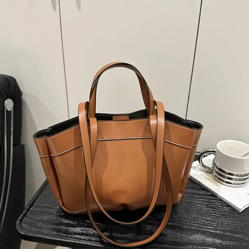 Classic Contrast-Stitch Structured Tote Bag with Double Top Handles (Brown)
