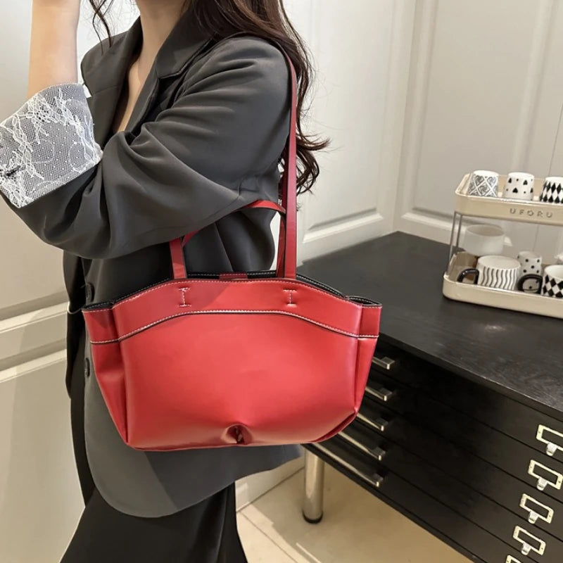 Classic Contrast-Stitch Structured Tote Bag with Double Top Handles (Brown)
