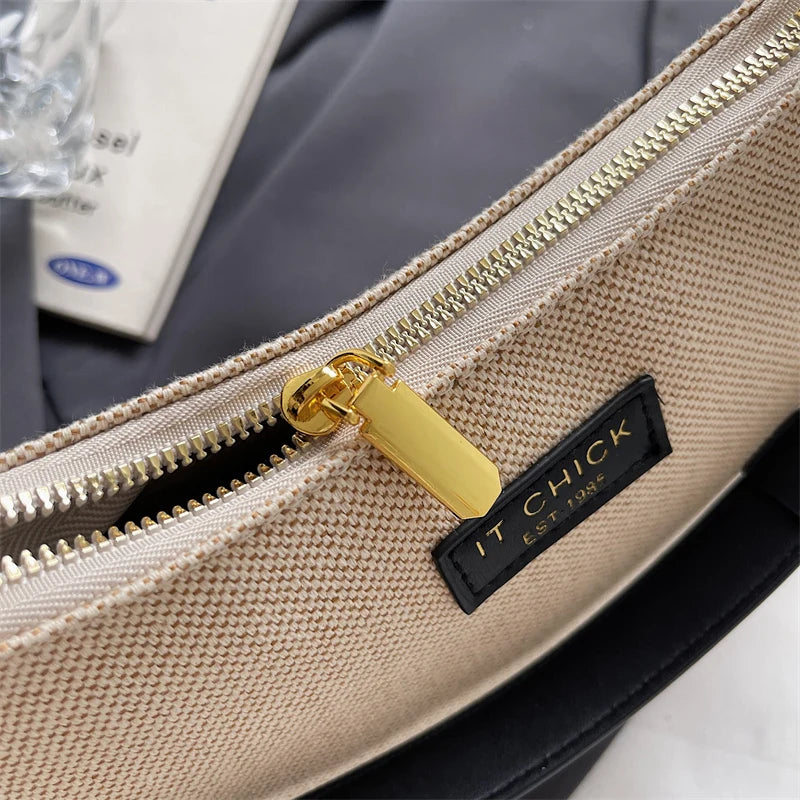 Chic Textured Canvas & Leatherette Shoulder Bag with Gold Chain Strap