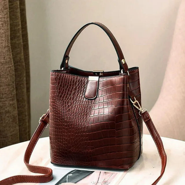 Luxury Crocodile Texture PU Leather Bucket Bag | Chic Top-Handle Crossbody Bag