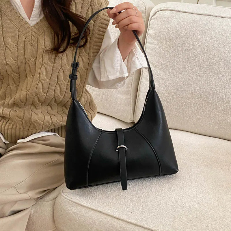 Aura Bags Chic Minimalist Beige Crescent Shoulder Bag with Buckle Detail