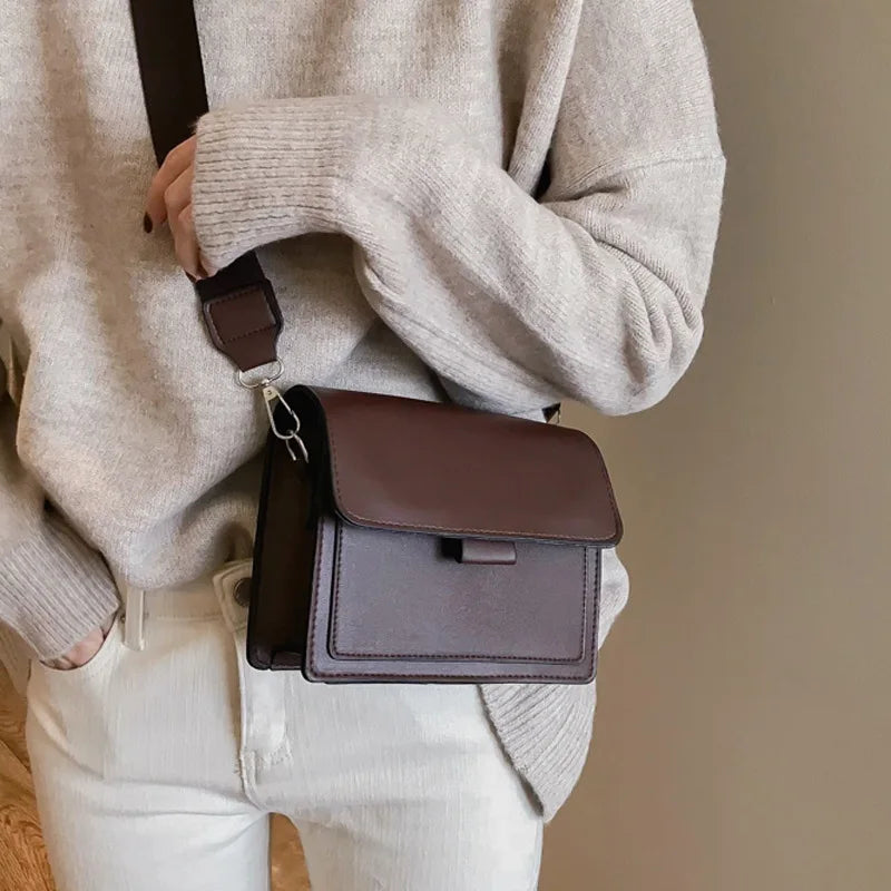 Minimalist Brown Crossbody Bag for Women | Wide Strap PU Leather Shoulder Bag & Messenger Purse