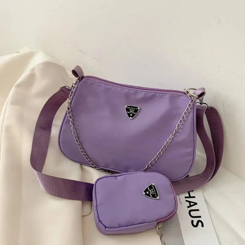 Trendy Black Nylon Crossbody Shoulder Bag with Detachable Chain & Small Coin Pouch
