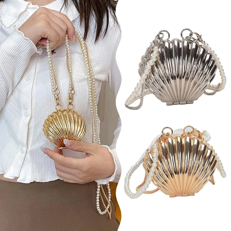 Luxury Golden & Silver Shell Minaudière Bag with Pearl Strap