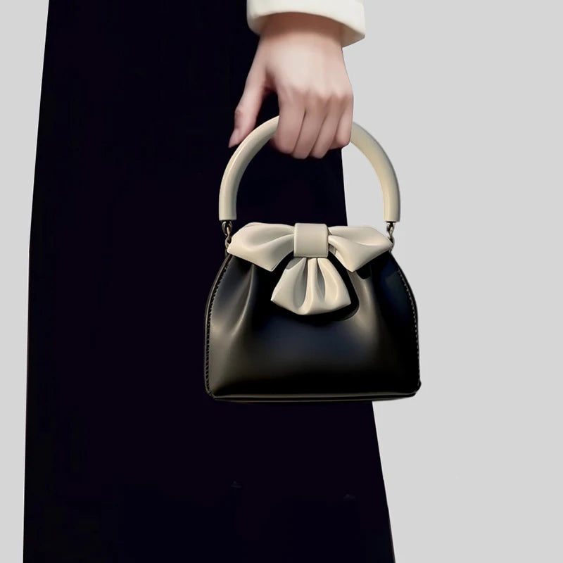 Chic Black & White Bow Mini Handbag – Elegant PU Leather Top Handle Purse & Evening Clutch