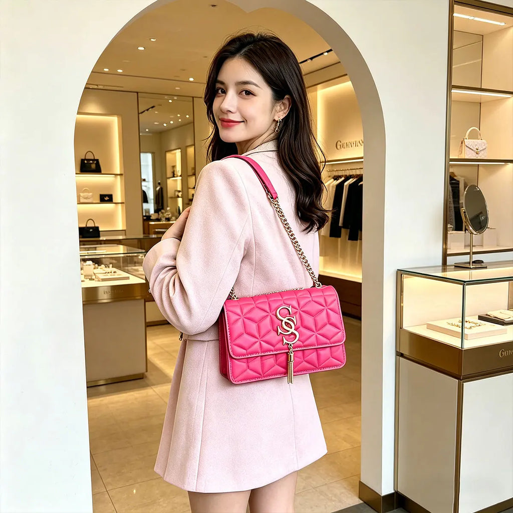 Luxury Quilted Geometric Flap Shoulder Bag with Gold Letter Monogram & Chain Strap