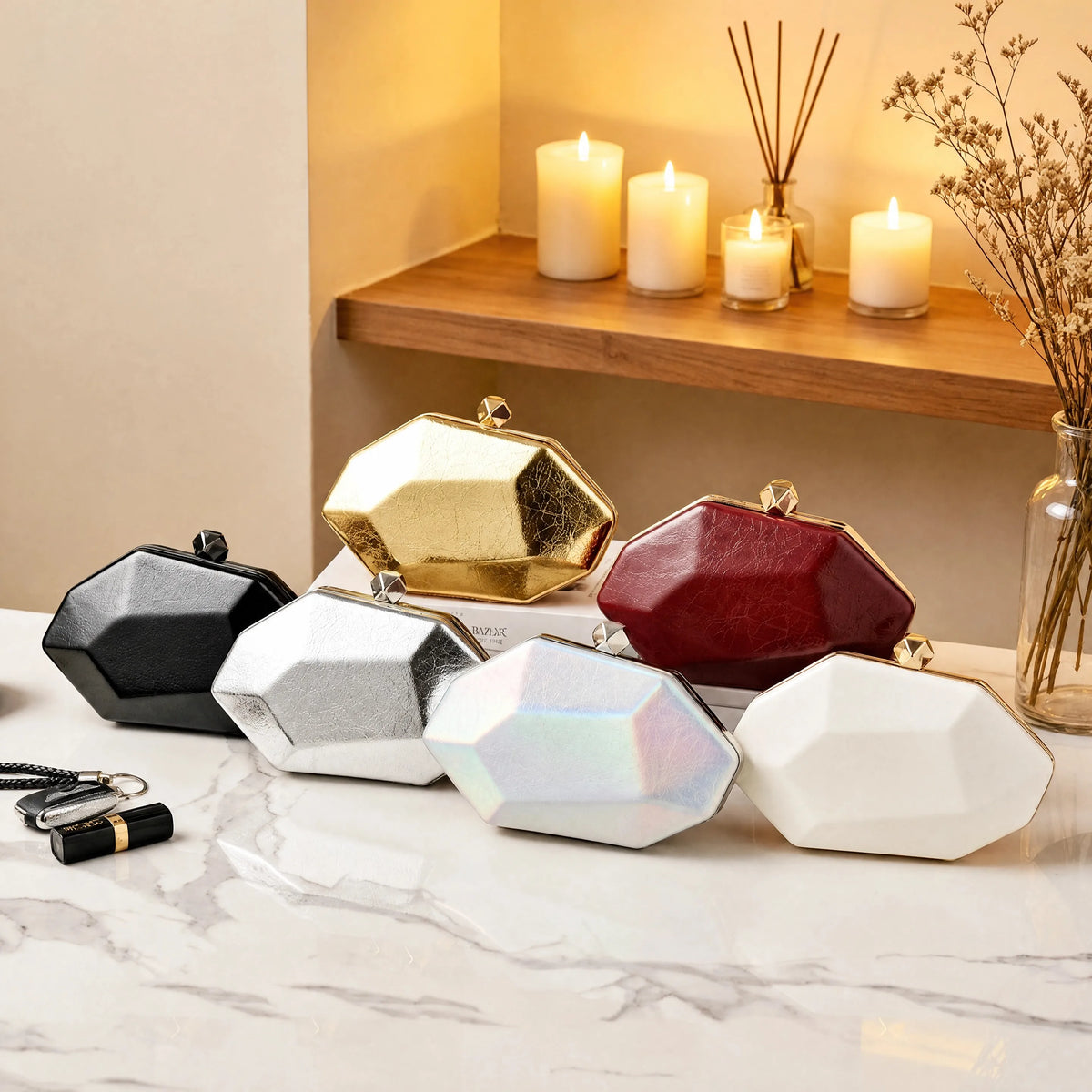 Luxury Geometric Diamond-Cut Acrylic Evening Party Clutch & Crossbody Bag