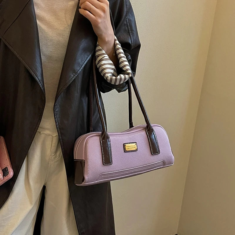 Chic Two-Tone Brown PU Leather Shoulder Bag – Vintage Style Women's Handbag & Boston Satchel