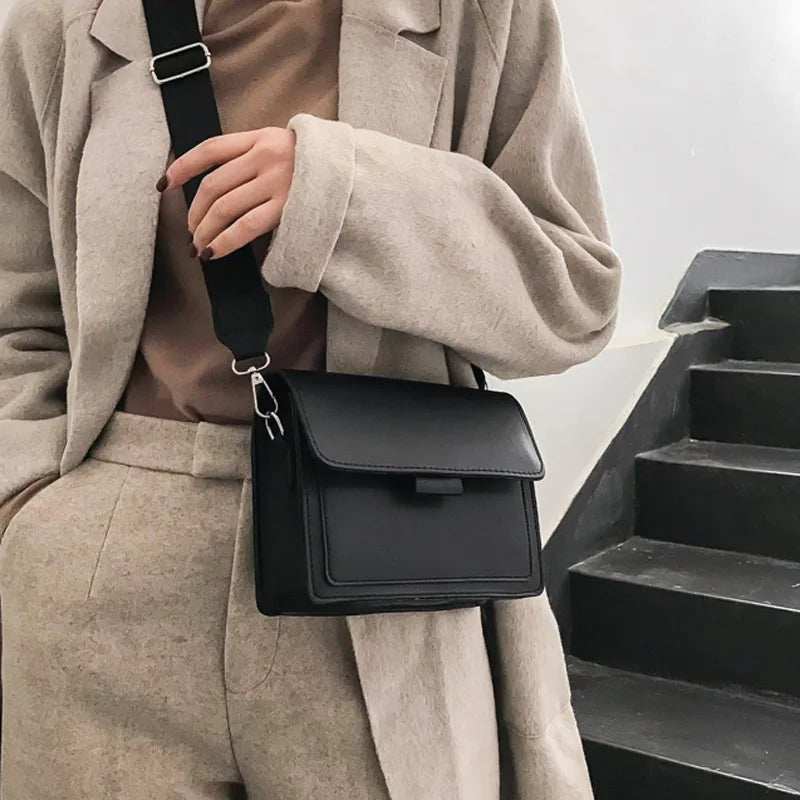 Minimalist Brown Crossbody Bag for Women | Wide Strap PU Leather Shoulder Bag & Messenger Purse