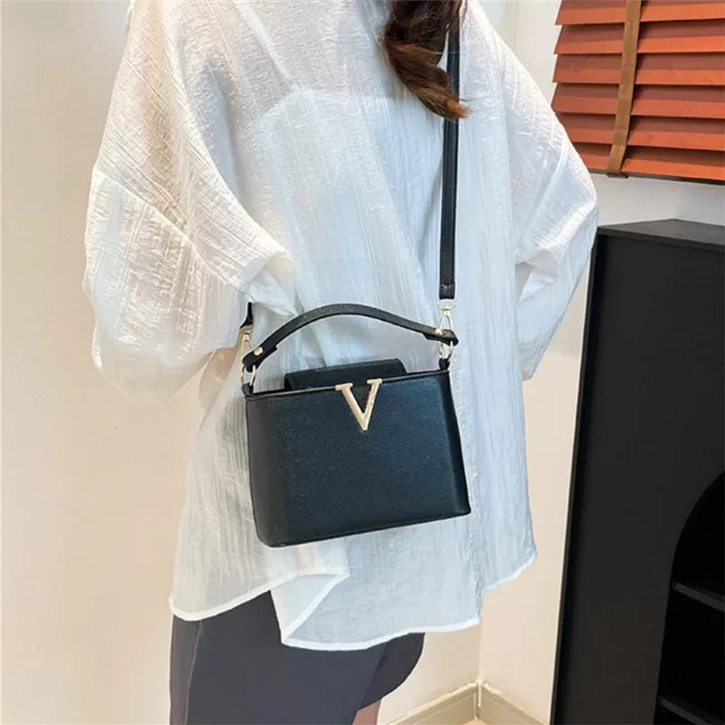 Chic Structured "V" Logo Top-Handle & Crossbody Bag in Classic Black