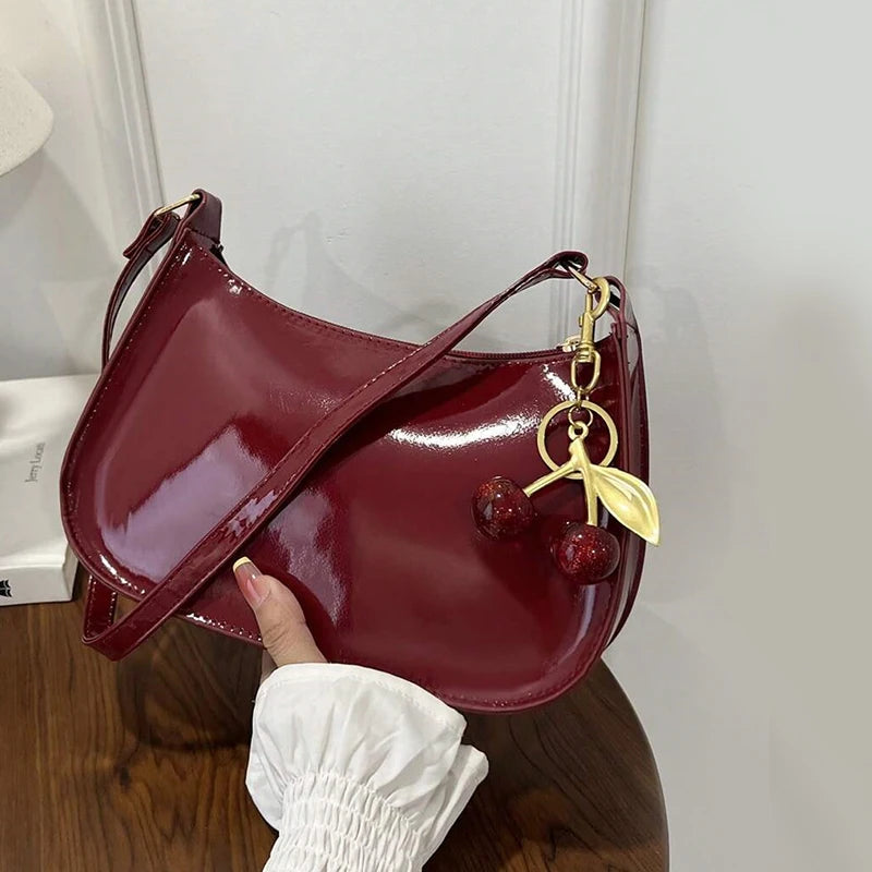 Trendy Glossy Cherry Red Patent Leather Shoulder Bag with Cute Cherry Bag Charm