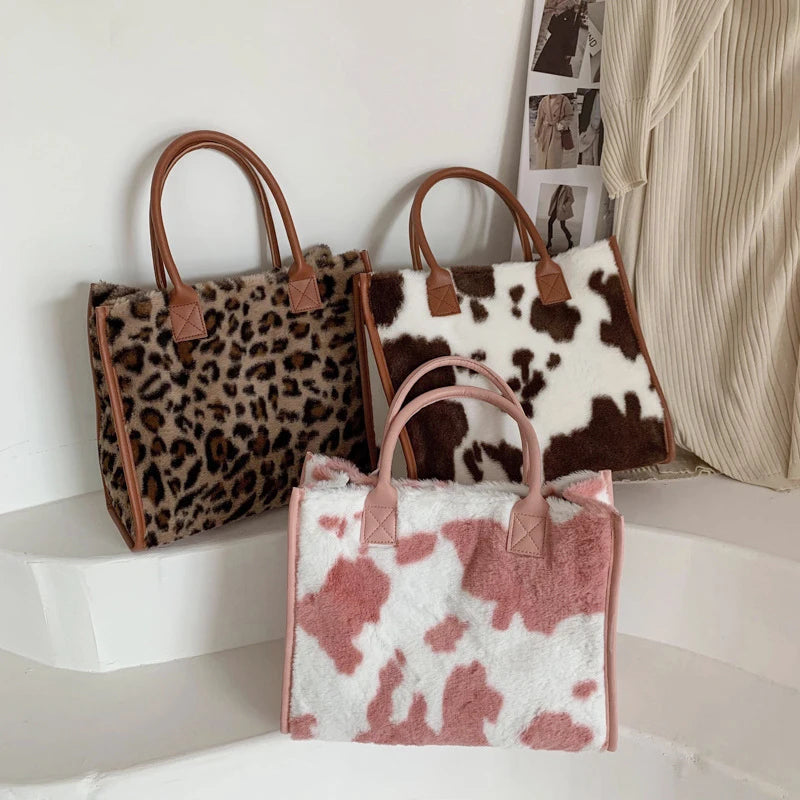 Chic Cow Print Plush Tote Bag with PU Leather Trim