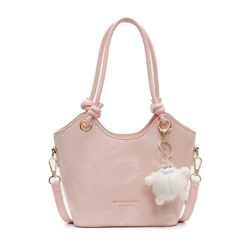 Chic White PU Leather Shoulder Bag with Cute Fur Charm & Top Handles