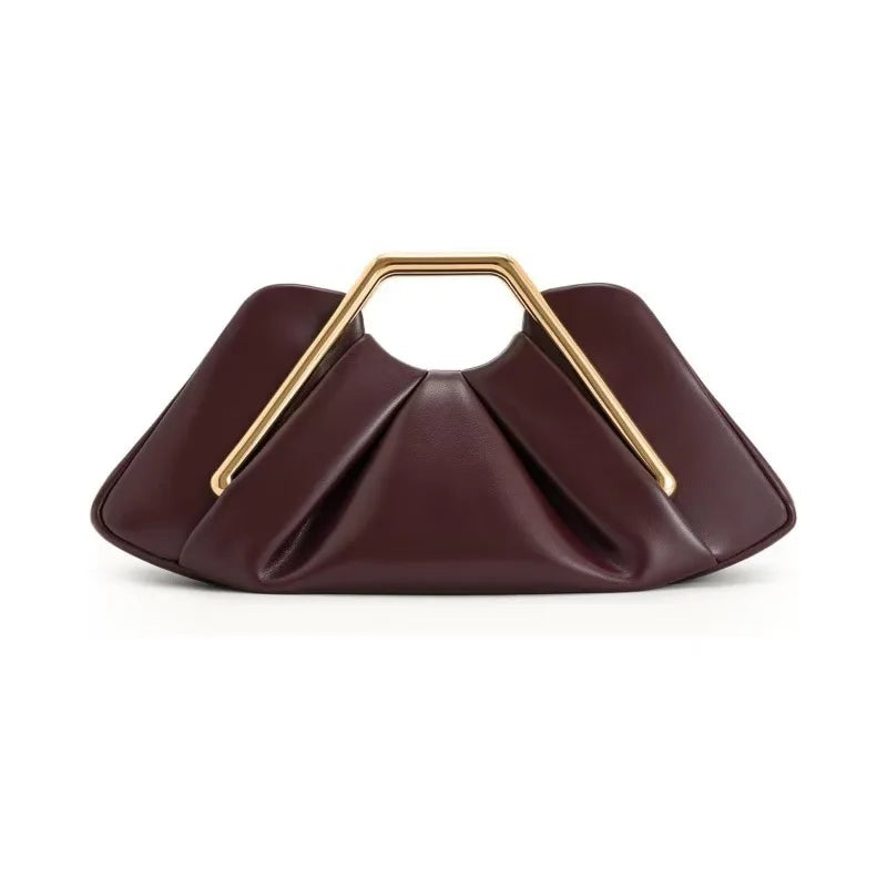 Chic Pleated PU Leather Clutch Bag | Metal Handle Geometric Evening Handbag