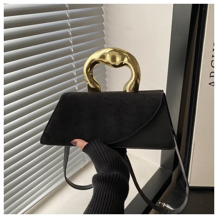 Chic Suede Mini Top Handle & Crossbody Bag with Gold Accent
