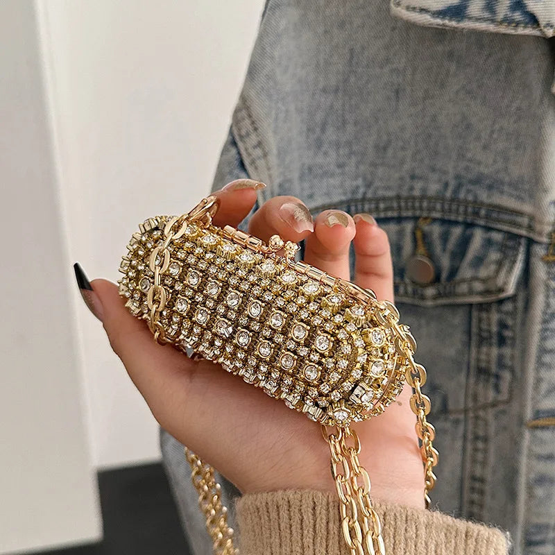 Sparkling Crystal Embellished Mini Cylinder Clutch | Party Wear Gold Handbag with Chain