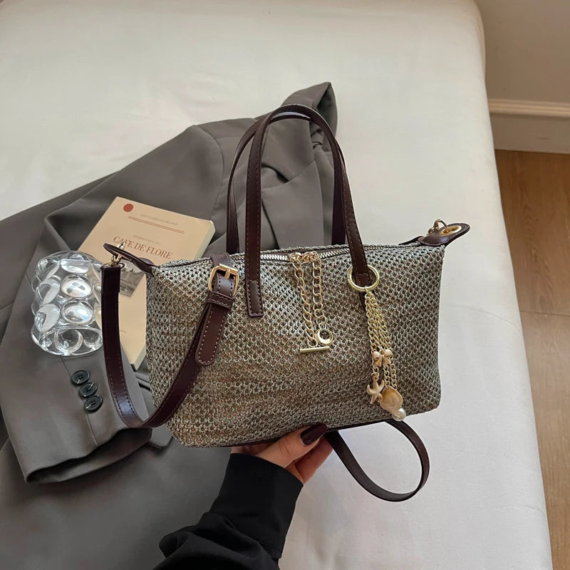 Woven Straw Tote Bag with Brown PU Leather Trim & Gold Chain Charms