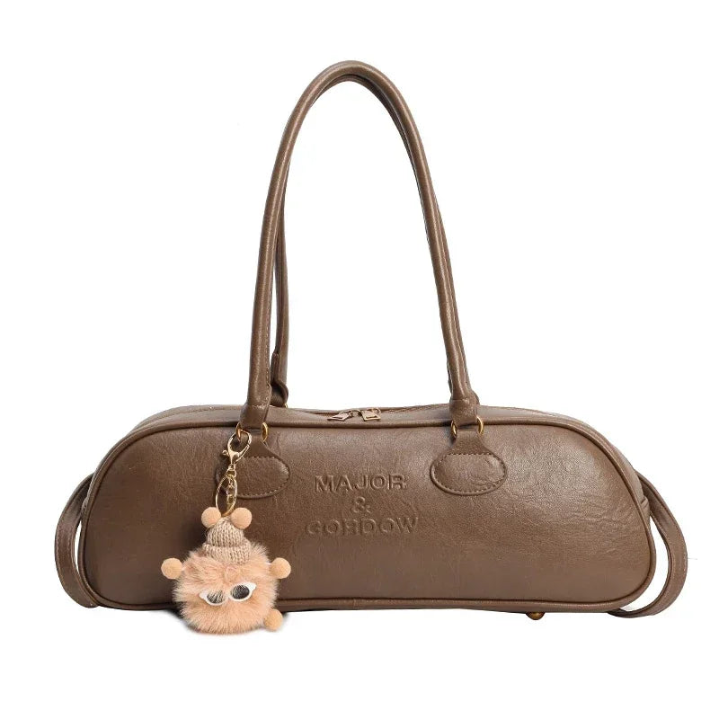 Chic Brown Barrel Shoulder Bag with Cute Fuzzy Charm | Aesthetic Tote Purse
